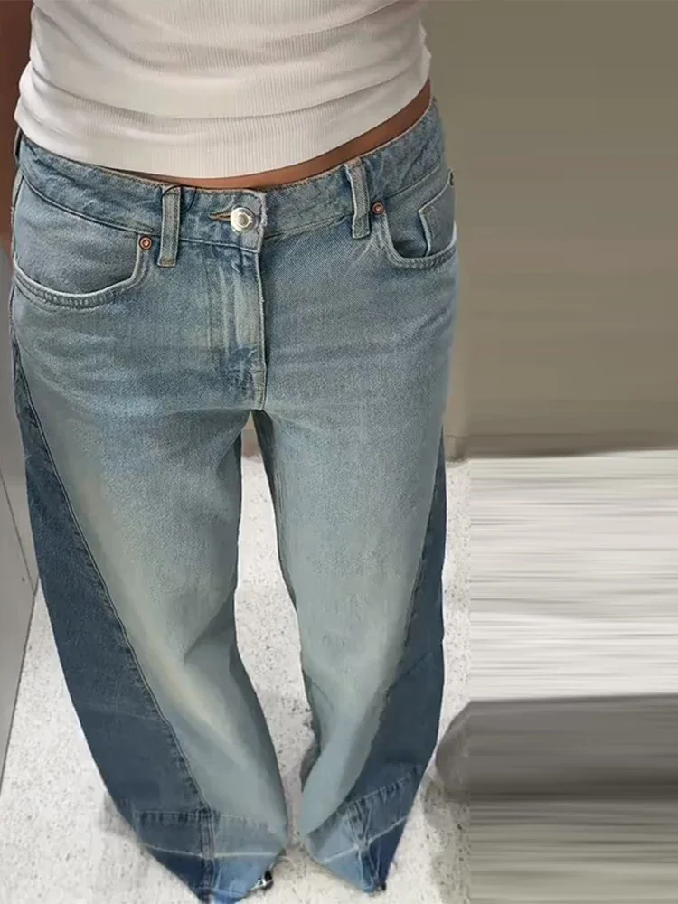 

Vintage Contrast Patchwork Women Denim Pants Baggy Wide Leg Straight Jeans Trousers Fashion Trendy Casual Elegant High Street