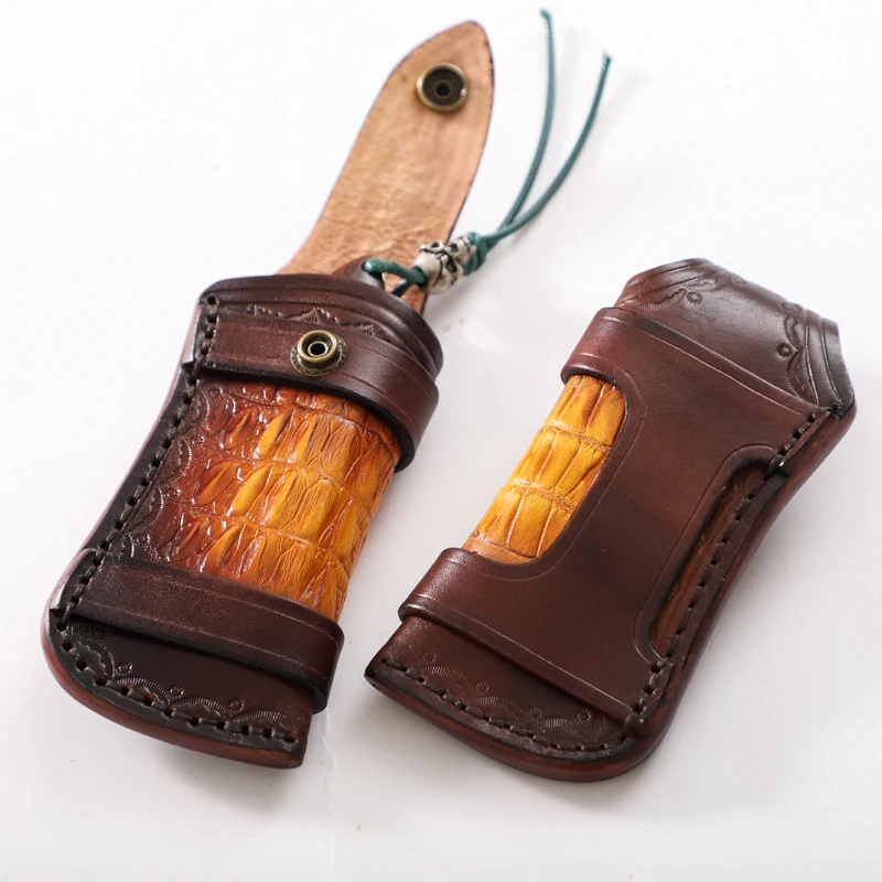 Beautifully hand stitched and engraved vegetable tanned leather folding knife universal sheath pocket knife cover leather sheath