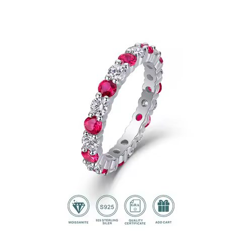 Elegant S925 Silver Ring with Alternating Moissanite &amp; Rubies, 18K Gold Plated, Luxury Design, Includes GRA Certificate, Perfect