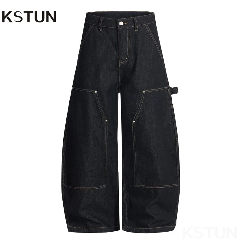 KSTUN Vintage Denim Black Jeans Men Wide Leg Loose Fitness Curved Pants Patchwork Mopping Pant Streetwear Full Length Trousers