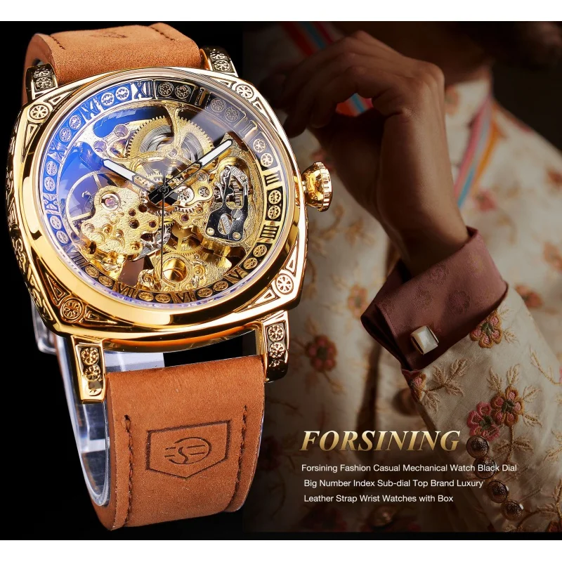 Free Shipping OUTLETSNew forsining European American Style Men's Fashion Vintage Engraving Hollow out Automatic Mechanical Watch