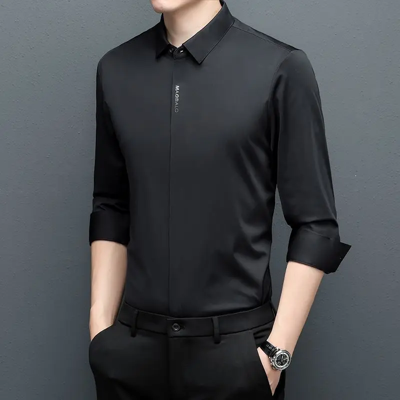 Hidden Button Shirt Men's Long Sleeve Business Casual Shirts Anti-Wrinkle Elastic Non-iron Spring Autumn High-End Irt Fitted Top
