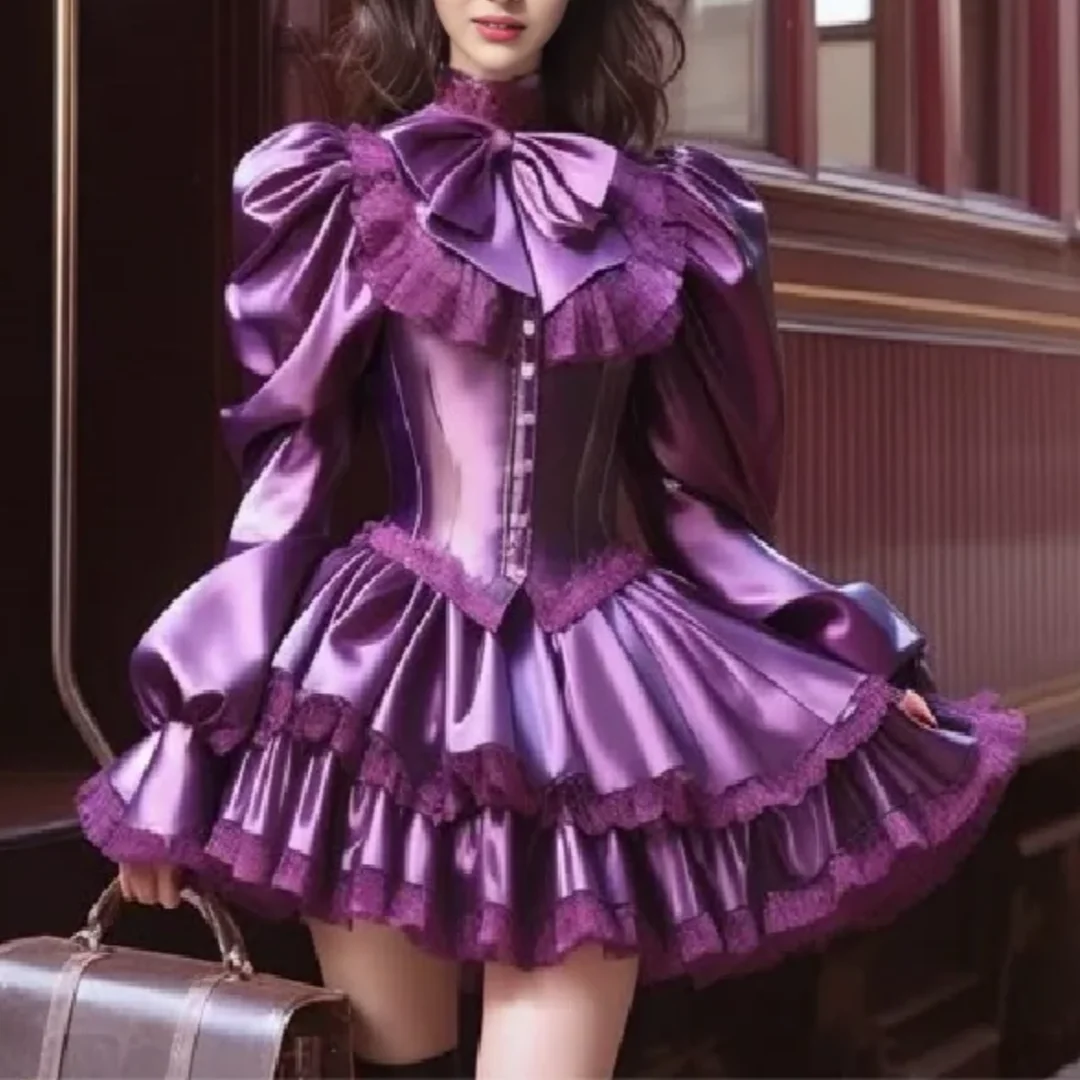 ชุดเซ็กซี่คอสเพลย์มินิเดรสแขนยาวสีม่วง ชุดราตรีสั้น แต่งลูกไม้ระบาย ชุดออกงานเลี้ยงค็อกเทล สามารถสั่งตัดได้
