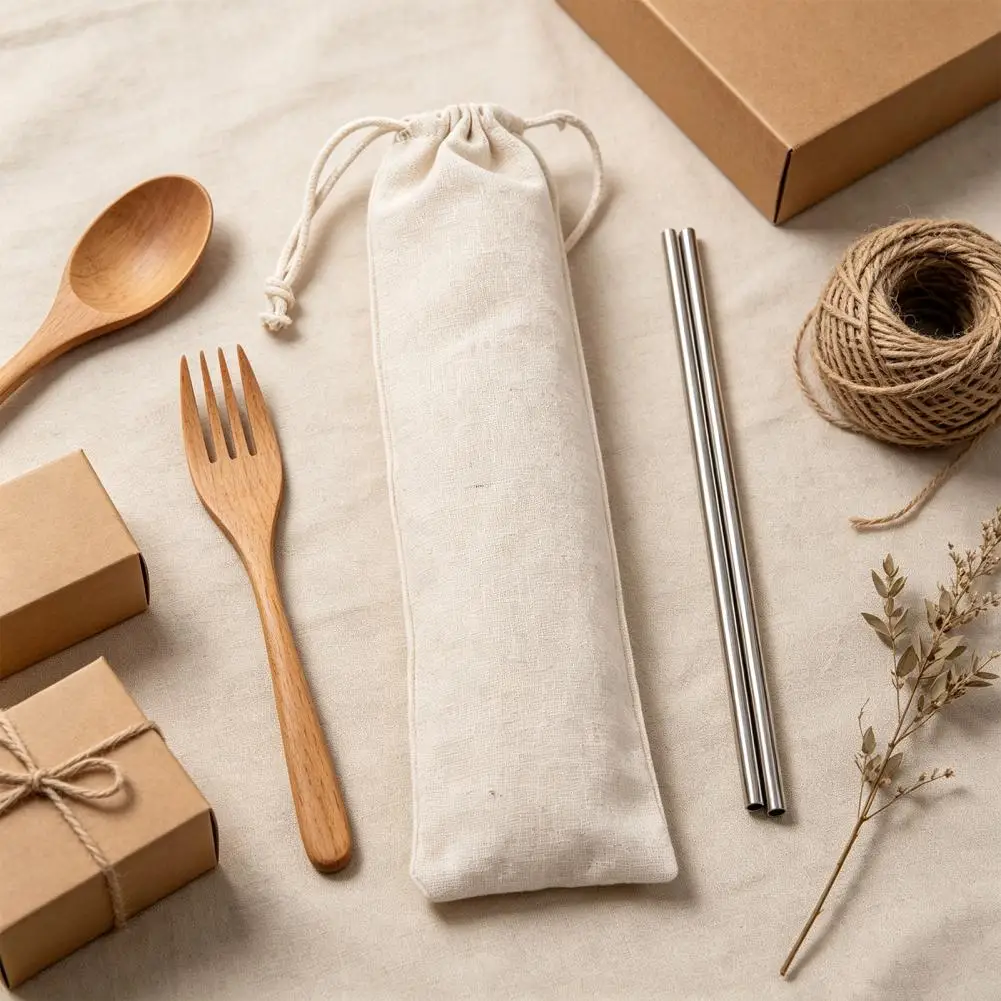 Drawstring Cutlery Bag, Portable Reusable Utensil Pouch,Organized Utensil Bag Washable Storage Organizer for Chopsticks Spoons