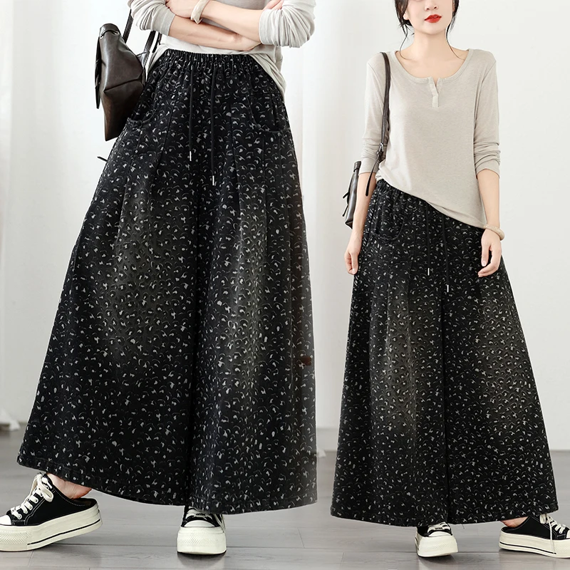 plus Size Casual Loose Fit Printed Denim Wide Leg Pants High Waist Cotton Polyester Blend Straight Cut Versatile Black Jeans