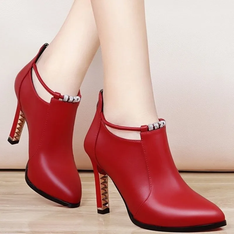 

2024 Great Quality Boots Women High Heels Pointed Toe Women's Shoes Red Shoes Gold Decor Thin Heels Slip-on Ladies Modern Boots