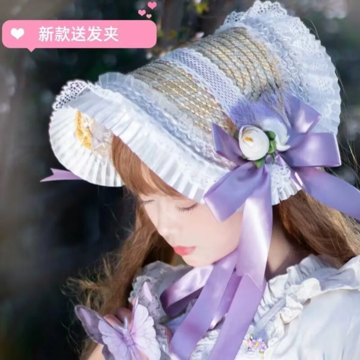 Women Original Pastoral Multi‑Color Flat Straw Hat Lace Bow Decor Lolita Headdress Mori‑Style Hand‑Woven Hair Accessory