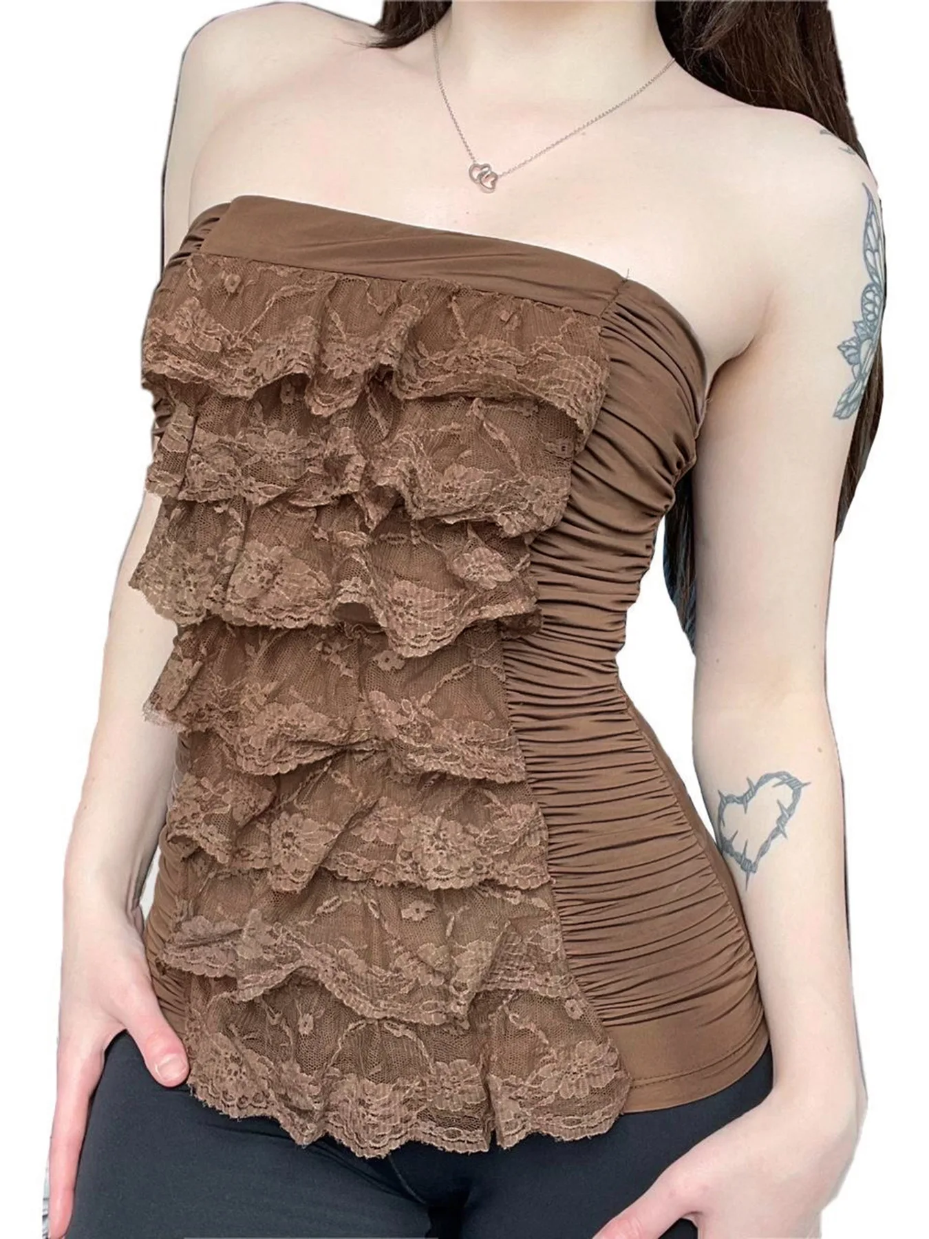 

Sexy spicy style multi-layer lace pleated strapless top