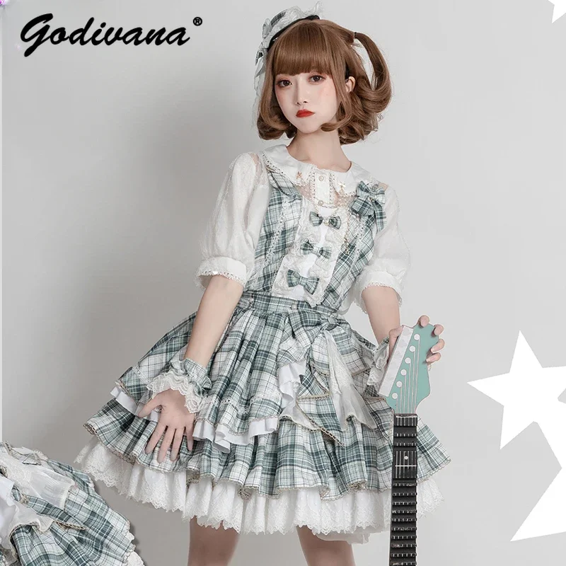 Original Lolita Cute Sweet Song-Promotion Costume Girl Women\'s Short Sleeve Shirt Bow Plaid Straps Dress Cute Dress Set