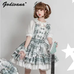 Original Lolita Cute Sweet Song-Promotion Costume Girl Women's Short Sleeve Shirt Bow Plaid Straps Dress Cute Dress Set