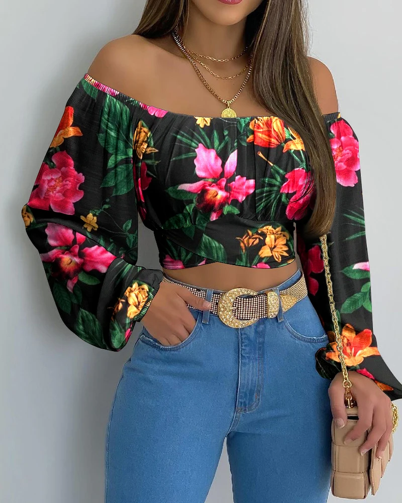 Autumn Women Print Crossed Tied Back Crop Top 2021 Femme Casual Off Shoulder Ruched Lantern Sleeve Blouse Y2k Lady Outfits