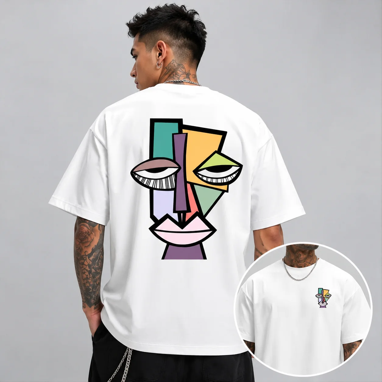 Picasso-style Cubist print 100% cotton men's and women's T-shirt, casual daily outdoor sports street short sleeve