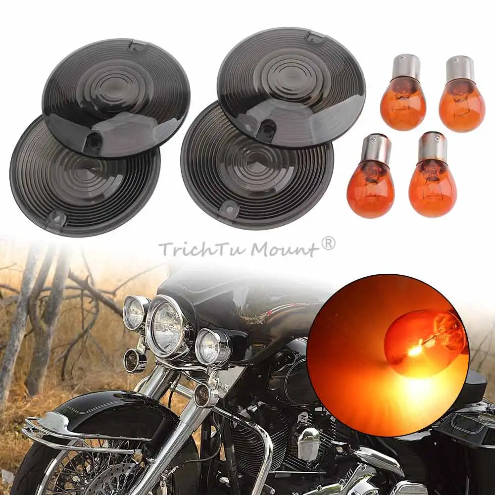 For Harley Touring Models 1986-2014 4 Pcs Smoke Turn Signal Lights Lens Cover Amber Bulbs Plastic Motorcycle Accessories