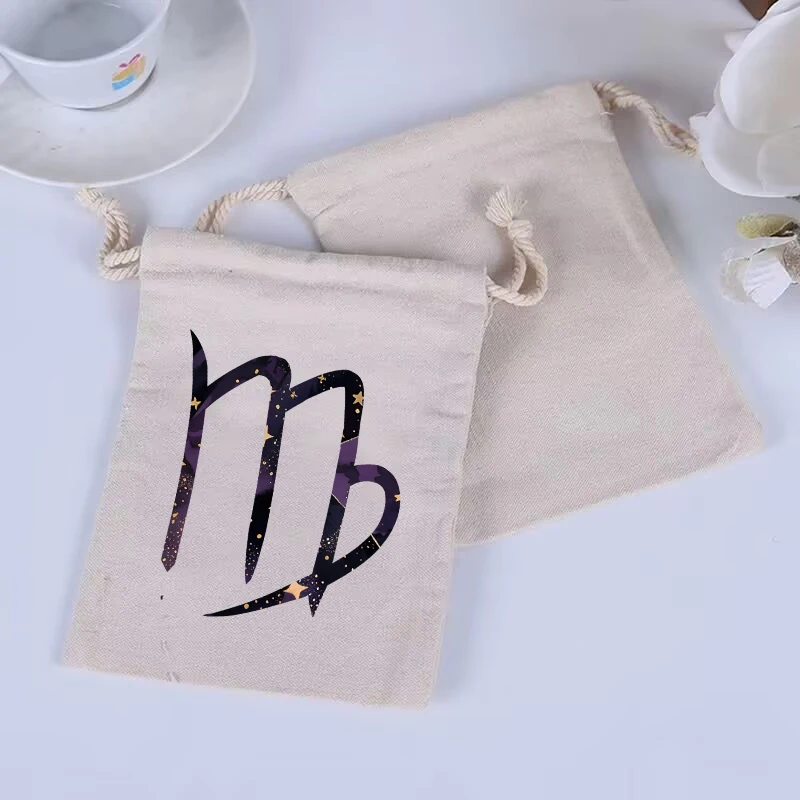 

10 pieces/pack natural cotton drawstring storage bag, wedding gift, twelve zodiac signs reusable home storage bag