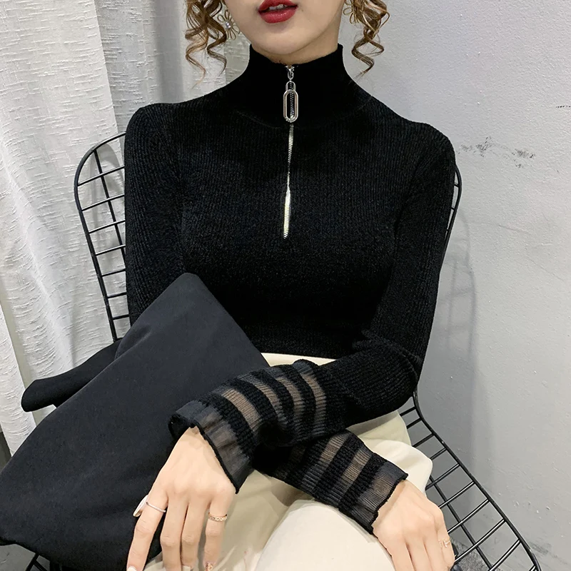 

Pullover Sweater Women's Velvet Black Zipper Turtleneck Solid Color Lace Long Sleeve Slim Autumn and Winter Bottoming Shirt Top