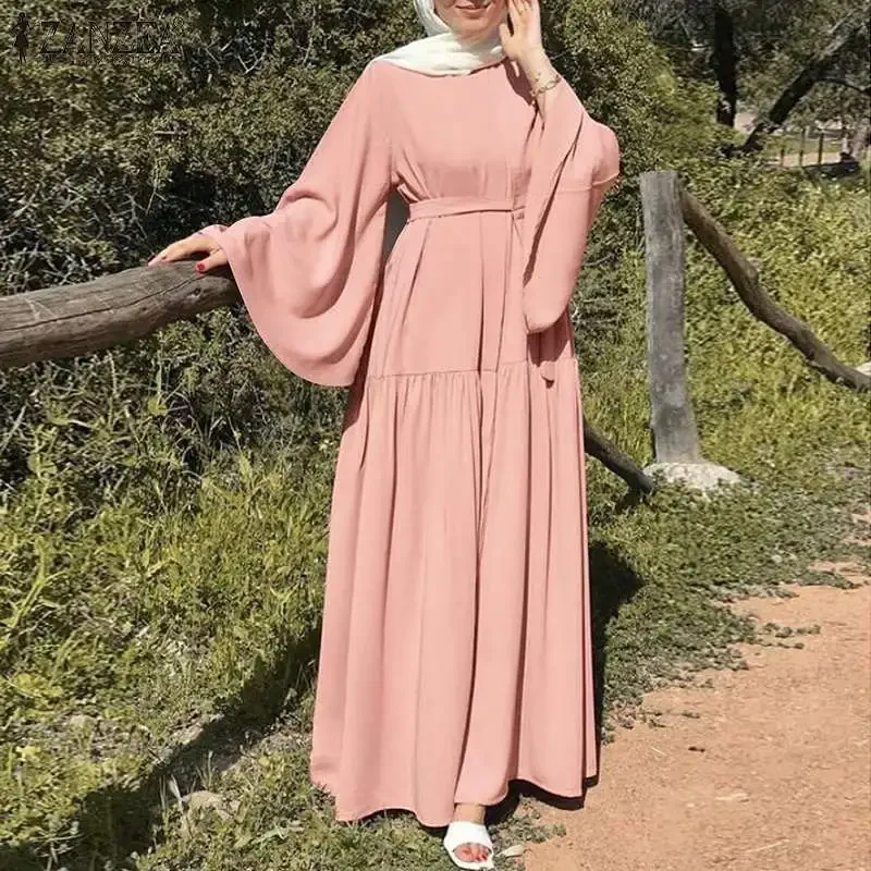 Long-sleeved Muslims Dubai Abayas Fashion O-neck Dress for Women Spring Solid Color Casual Robe Female Islam Clothes with Belt