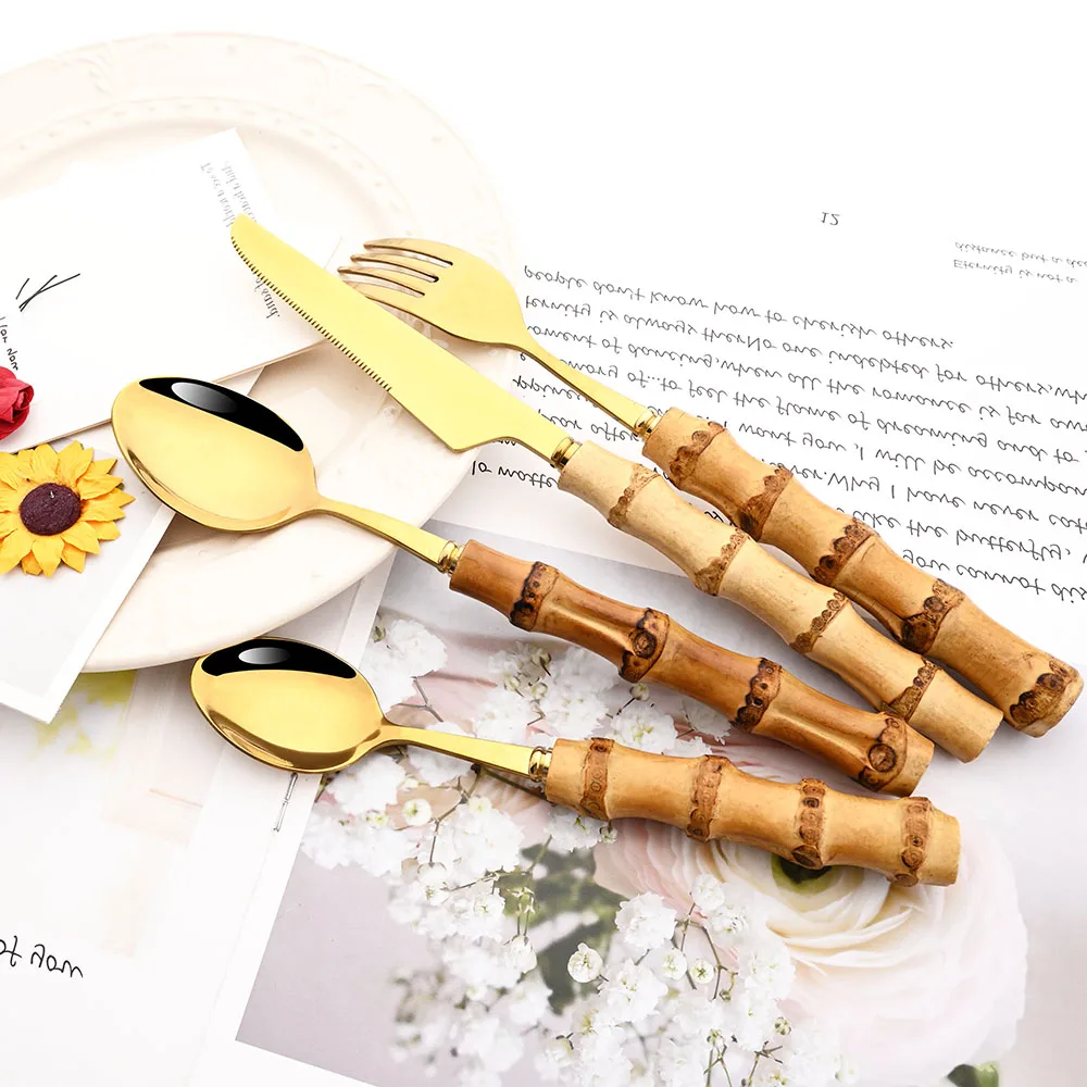 4-9Pcs Bamboo Handle Gold Cutlery Kitchen Home Dinnerware Stainless Steel Tableware Set Western Knife Fork Spoons Flatware Set