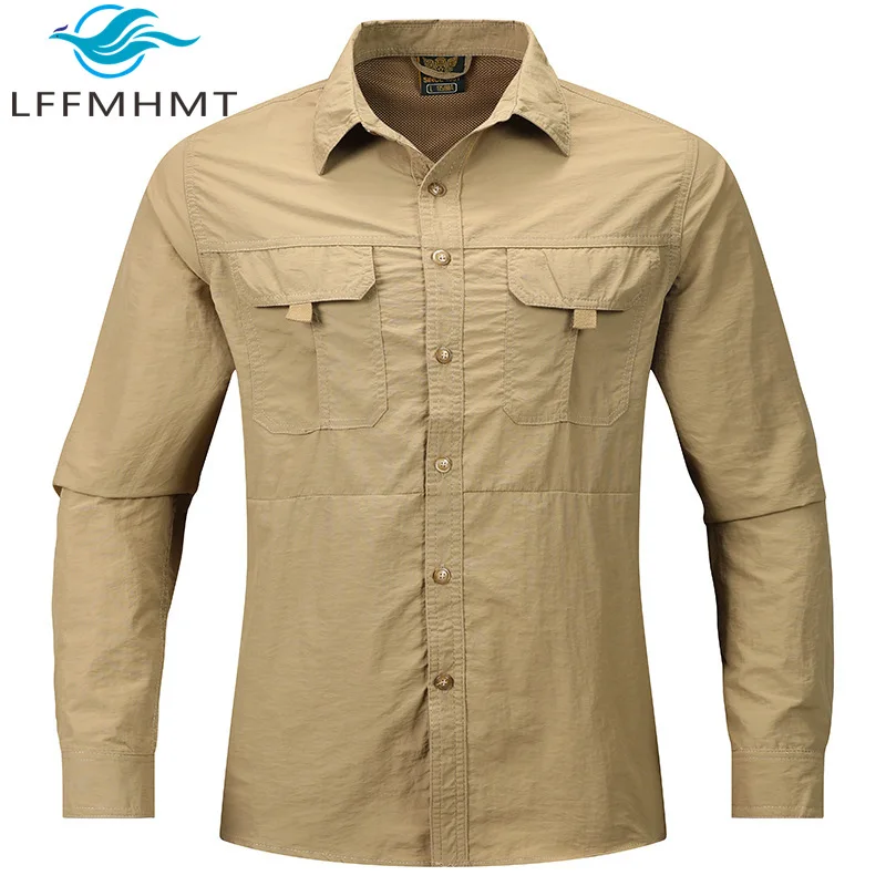 Spring Fashion Mens Business Casual Quick Dry Shirt Loose Fit Multi Pocket Outdoor Sports Long Sleeve Basic Blouse Tops Male