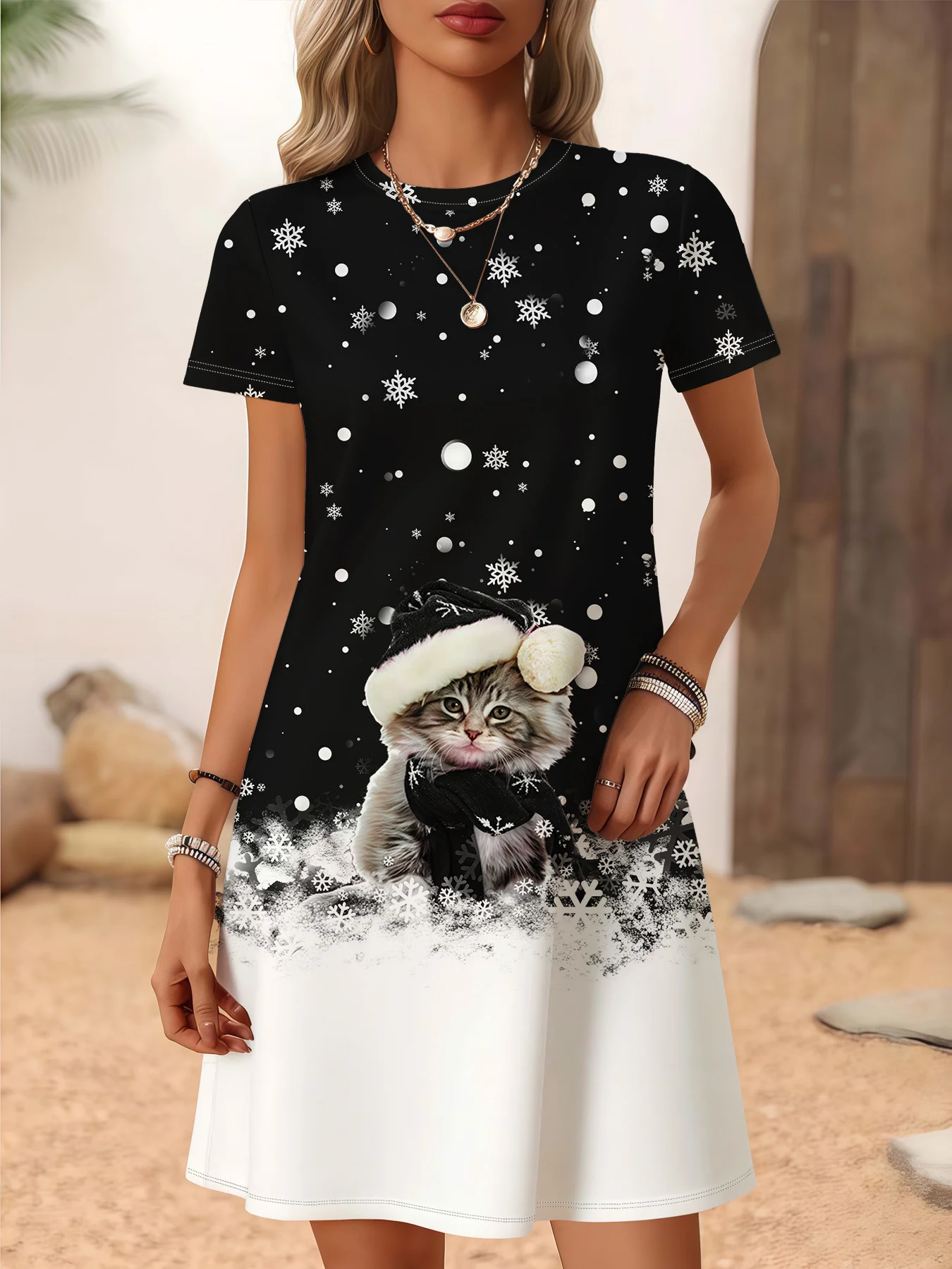    Langes Maxikleid für Damen mit süßem Kätzchen- und Schneeflockendruck, kurzärmeliges Damenkleid, A-Linie, Winter-Weihnachtsfeierkleid, Oberteil