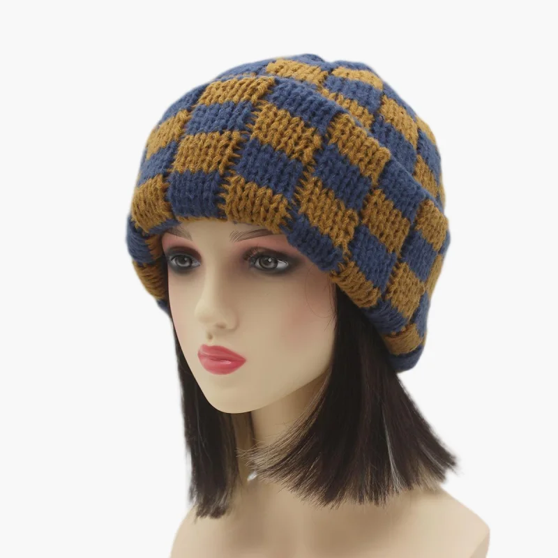 Schachbrett-Strickmütze, Herbst und Winter, koreanischer Stil, Nische, großer Kopfumfang, Wollmütze, japanischer Stil, Weihnachtsmütze – Detail 10