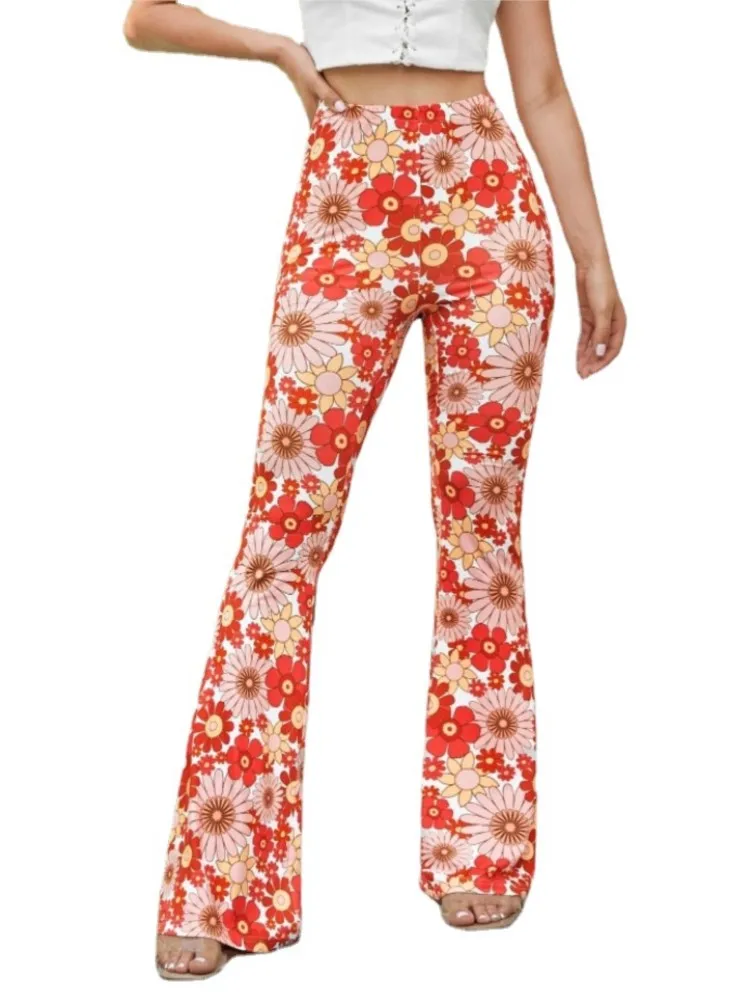 Casual High Waisted Elastic Waisted Pants Woman's Spring Autumn Fashion Streetwear Floral Print Trousers Lady  Sexy Flared Pants