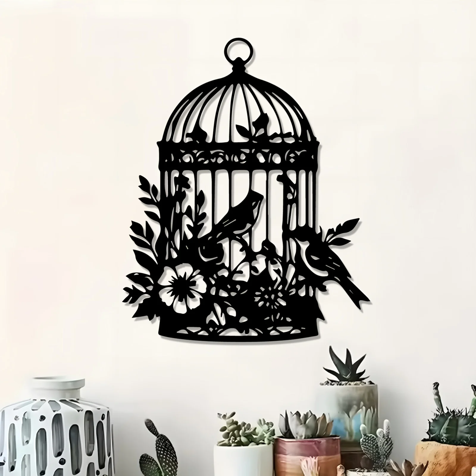 CIFBUY Wrought Iron Birdcage Wall Art, Rustproof Metal Decor for Garden Fence, Charming Flying Bird Sculpture