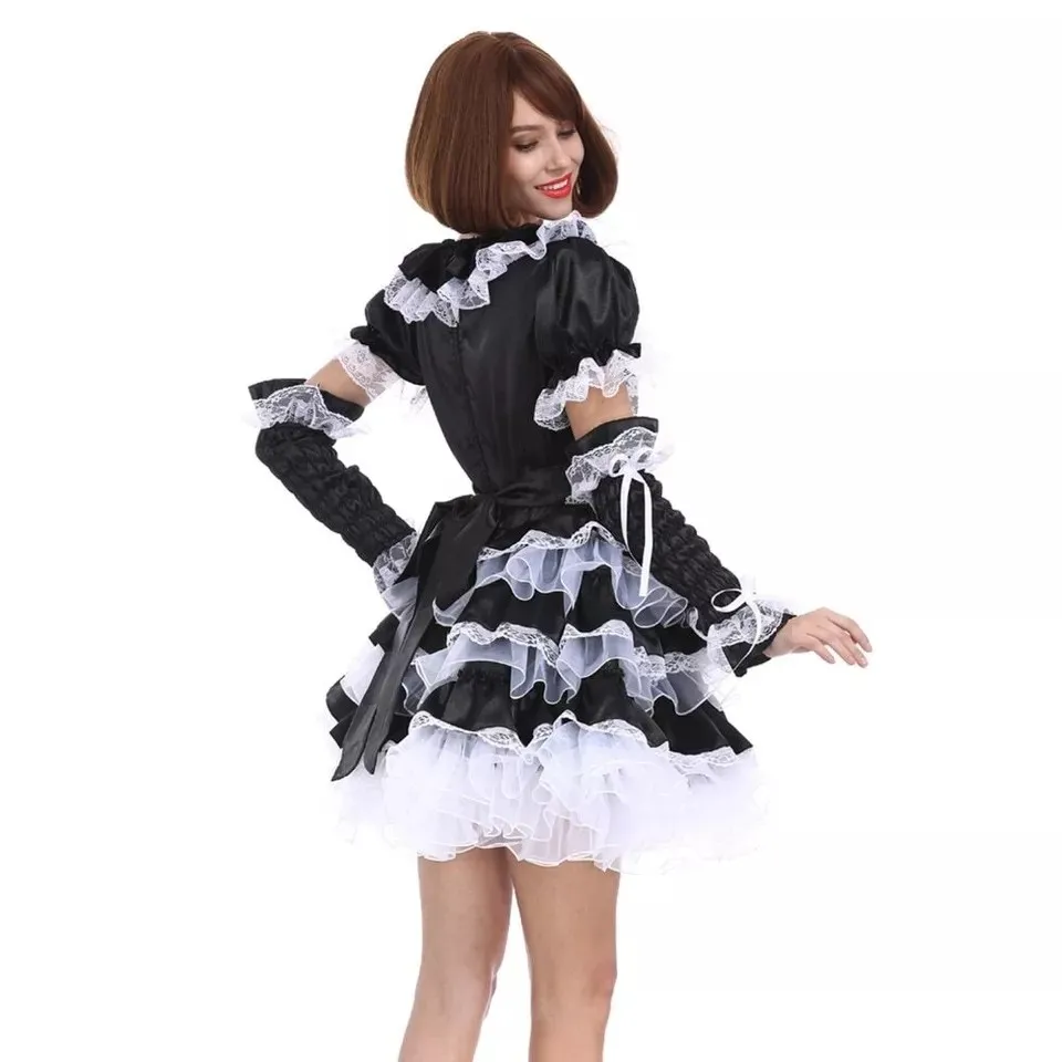 Sissy Black Maid Satin Cosplay Lockable Sexy Lace Dress Costume Halloween customized