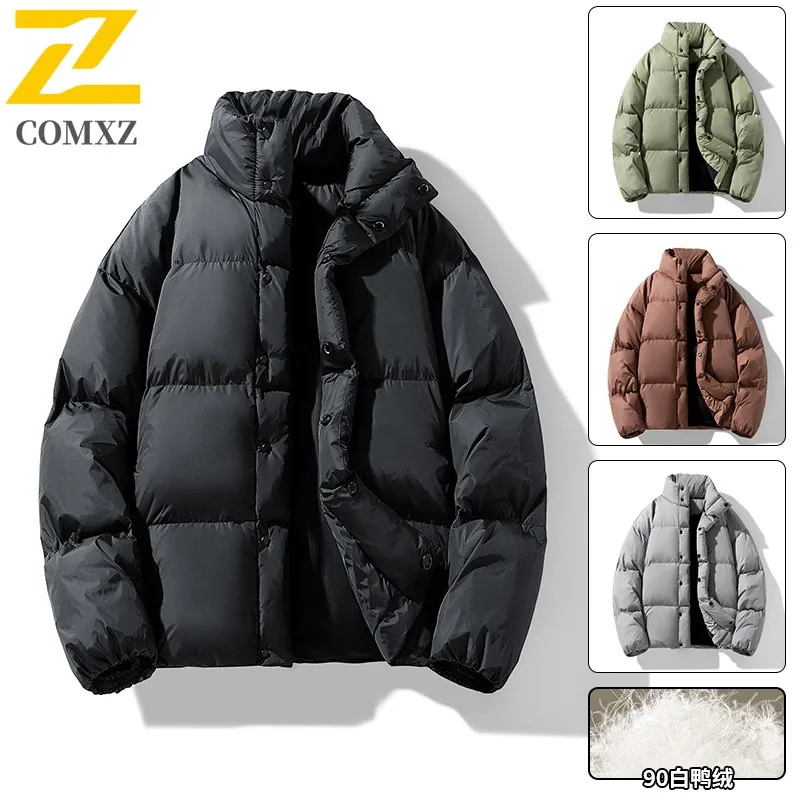 

COMXZ Men Outdoor Down Jacket Classic Stand Collar Design Riding Warm Parka Solid Color Travel Comfortable Light Winter Coat