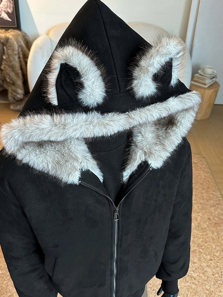 Thiened スエード耳付きコットンジャケット メンズ冬用暖かいコート カップル用コットンアウターウェア スタンドフィット ロングスリーブジッパー