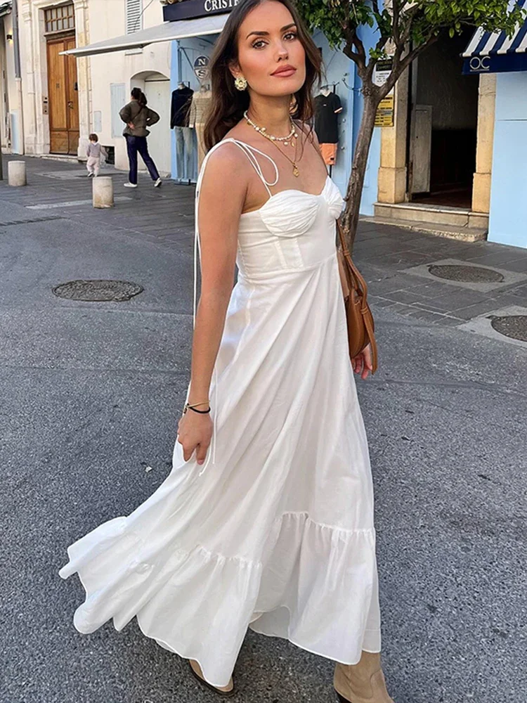 Elegant Lace Up Backless Long Dress Women High Waist Sleeveless Off Shoulder Ruffled Hem Dresses Female White Strap Holiday Robe