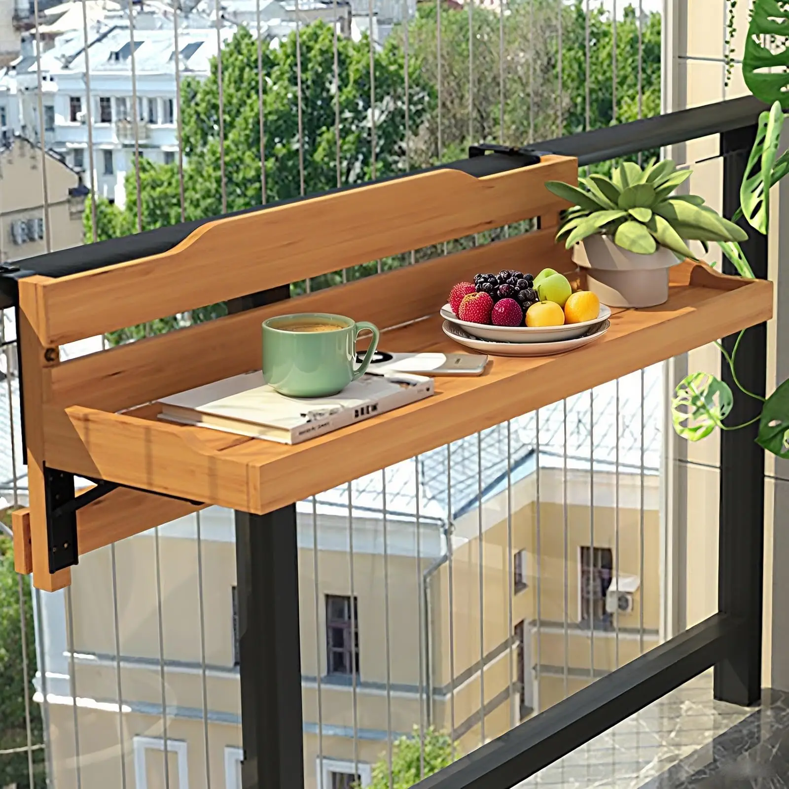 Combohome Wall Mounted Patio Side Table Space-Saving Balcony Railing Table Wooden Hanging Balcony Table For Porch Garden Patio