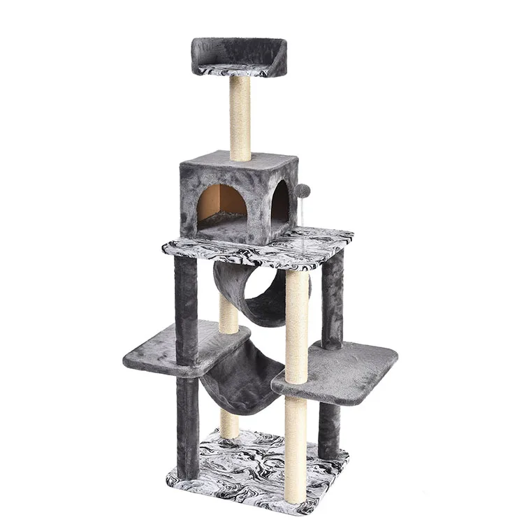 Pet Cat Product Tall Modern Wood Gray Floor to Ceiling Multi-level Cat Tower Wood Cat Tree
