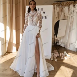 Preciosos Vestidos De Novia elegantes, Vestidos De Novia con Apliques De encaje, mangas completas, largo hasta el suelo, Vestidos Vintage De Novia personalizados