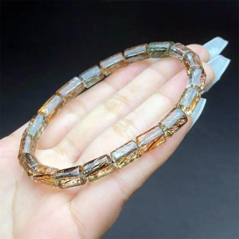 6MM Natural Black Golden Bucket Bead Bracelet Handmade Women Healing Gemstone Crystal Strand Bangles Lovers Girlfriend 1PCS