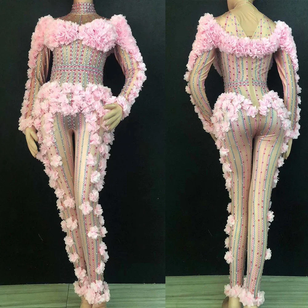 

2026 Sparkly Women Diamond Flower Dancing Stage Jumpsuits Pink Evening Prom Birthday Celebrate Nightclub Costume