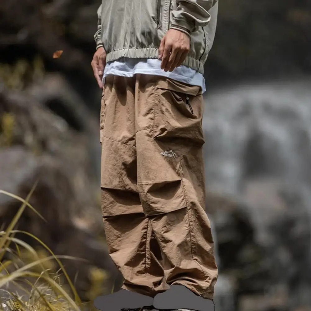 Men Outdoor Pants Elastic Waist Loose Solid Color Multi Pockets Loose Smooth Straight Pants Camping Climbing Long Cargo Trousers