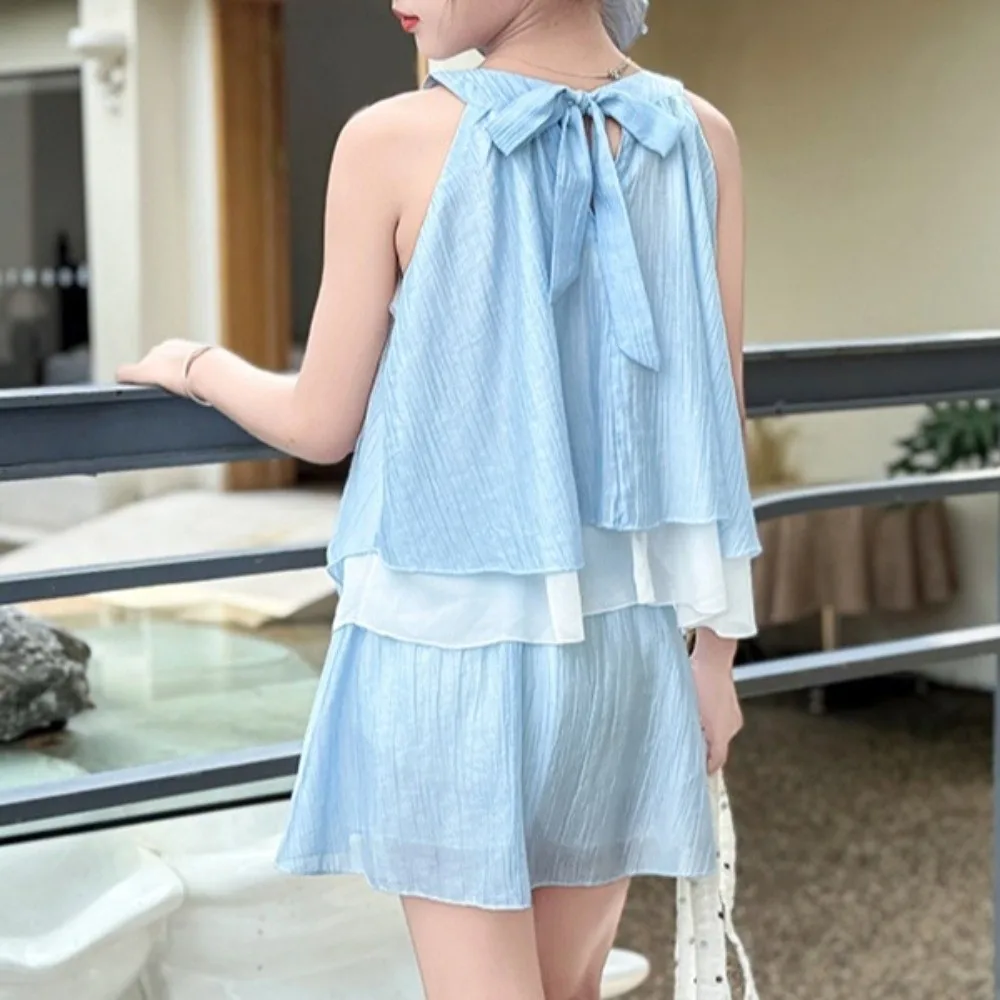 Vestido corto con volantes y flores rosas en 3D para niños, vestido de playa sin mangas de estilo coreano, camisola, pantalones cortos interiores