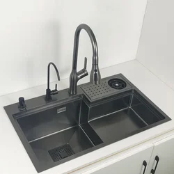 Black 304 Stainless Steel Kitchen Sink with Cup Washer High and Low Cutting Board Drain Basket Waterfall s