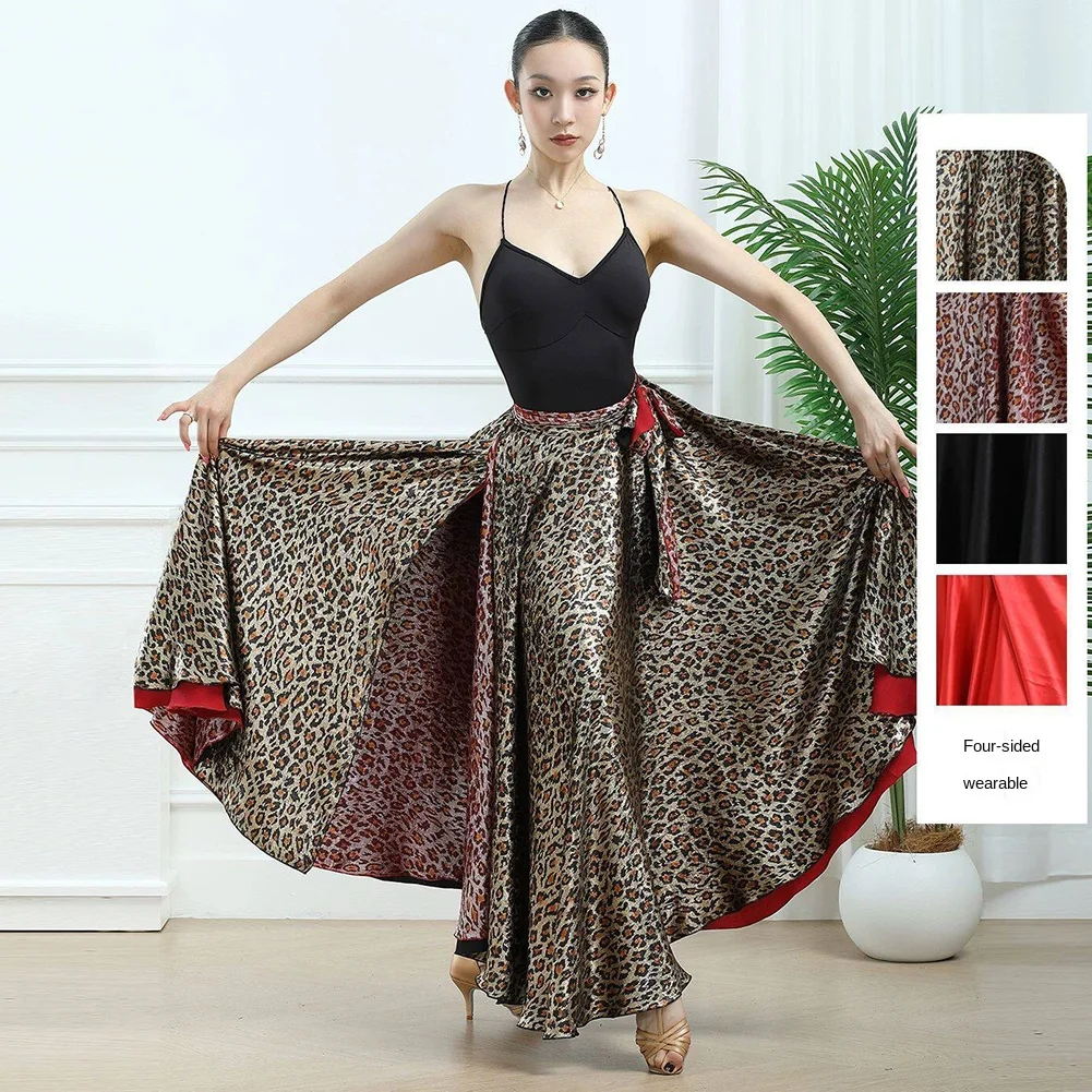 Capa de competición latina para mujer con estampado de leopardo, falda grande y diseño integral, ideal para danza de toros y samba.