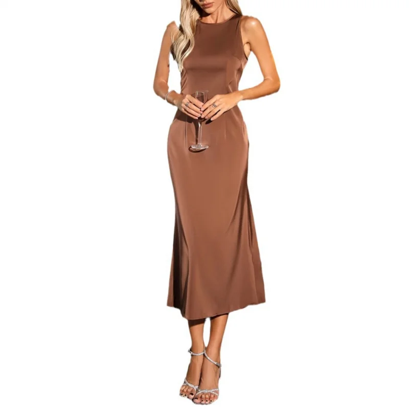 

European and American Style Gorgeous Satin Dress Women, Solid Color Party Long Dress, Elegant Sleeveless Satin Dress
