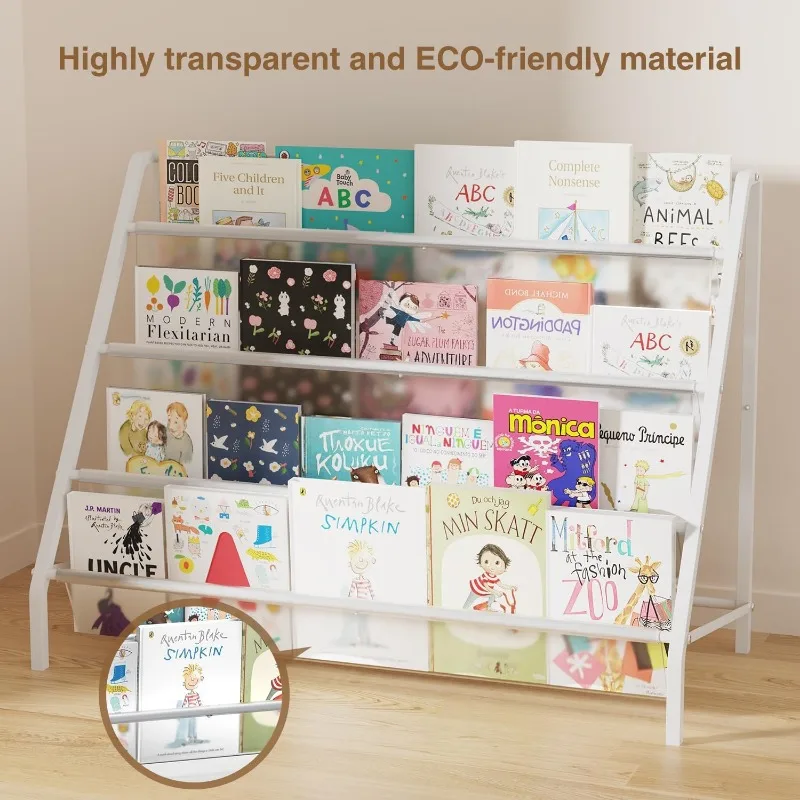 High-Transparent 4 Tier Kids Bookshelf, Sturdy Metal Large Size Book Rack Storage for Kids - Toddler Book Shelf Display