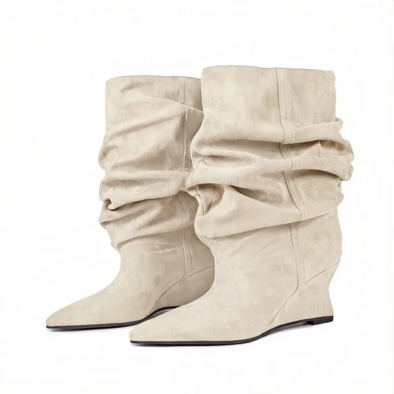 European AndAmerican Retro Niche Pointed Pleated Widetube Mid Legboots Forwomen's Fashion Suede Slope Heelversatile Sleeve Boots