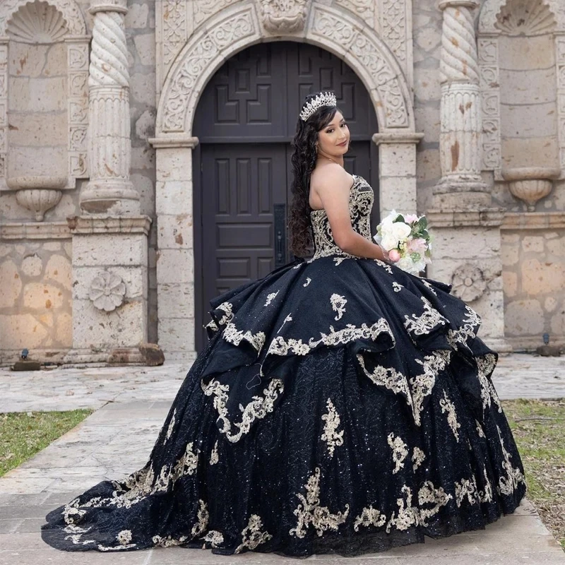 ANGELSBRIDEP Ball Gown Quinceanera Dresses Vestidos De 15 Anos Black And Gold Appliques Princess Birthday Party Gowns Lace-up