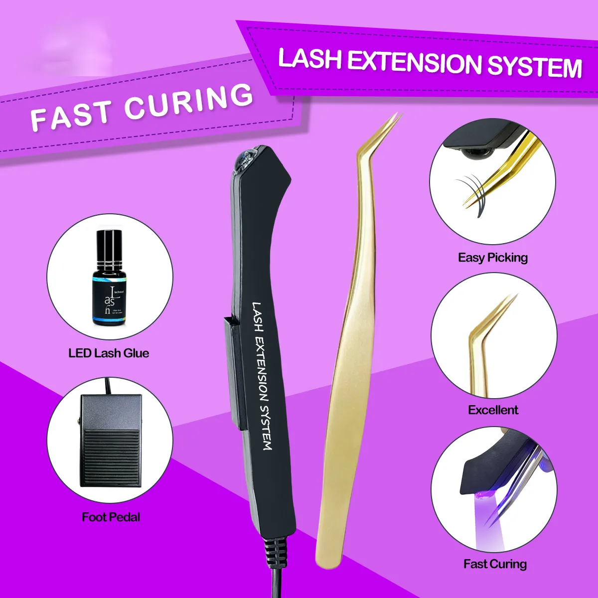 لطيفة رمش تمديد الفولاذ المقاوم للصدأ منحني تلميح الملقط وأشار تلميح الملقط مع LED الضوء الأبيض الأشعة فوق البنفسجية الغراء علاج