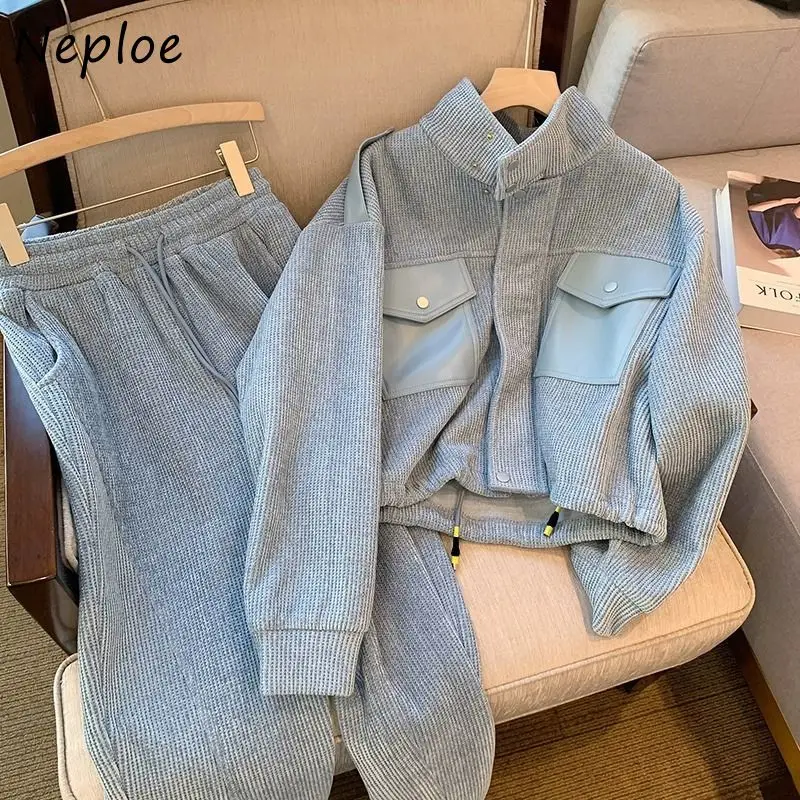 Neploe Casual Fashion Stand Collar Long Sleeve Set Pants Women High Waist Western Style Trousers Senior Two Piece Suit Sweatpant