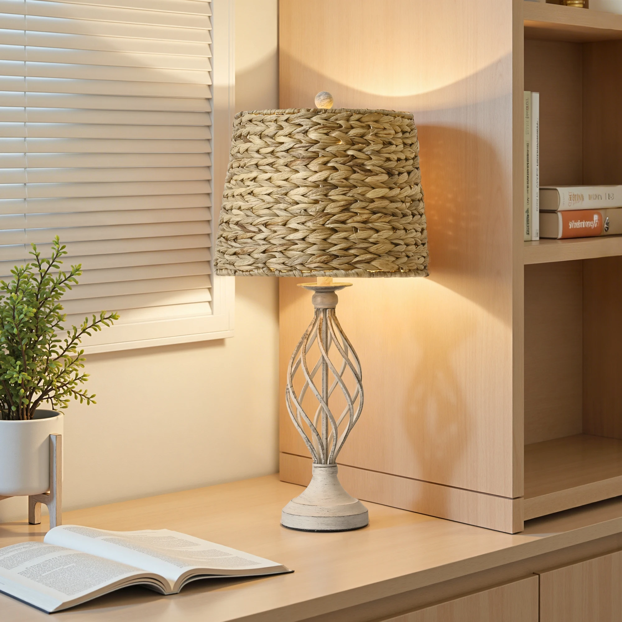 Two-piece 26-inch desk lamp with woven lampshade, white metal base, rotary switch, E26 socket, without bulb