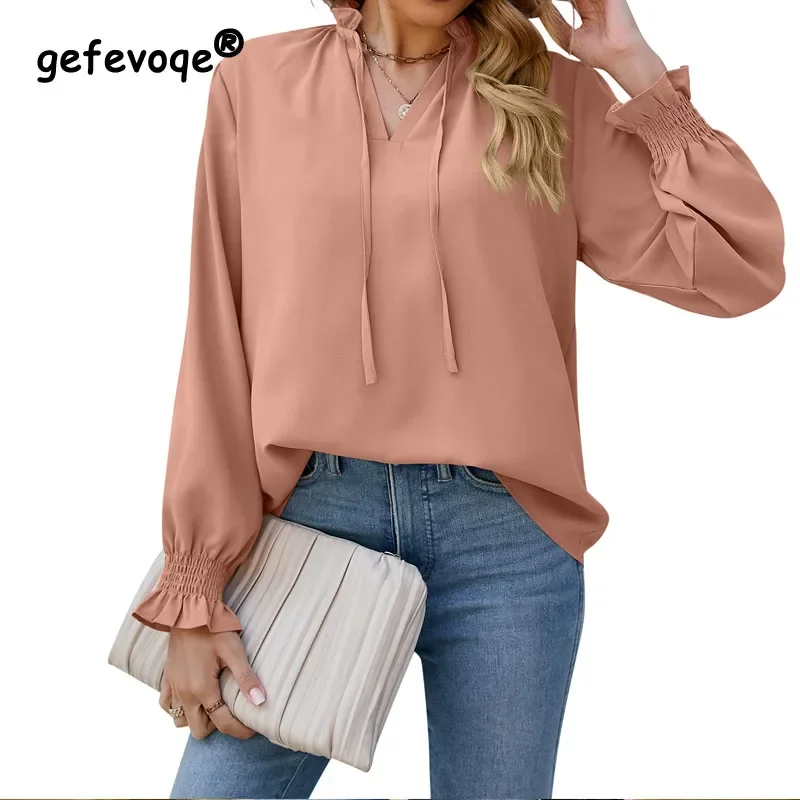 Autumn New Fashion Elegant V-Neck Lace Up Pleated Women\'s Solid Chiffon Shirt Versatile Loose Comfortable Soft Shirt