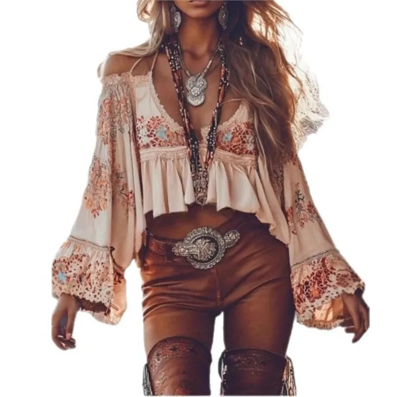 Blusa bohemia con estampado Floral para mujer, camisa con volantes de manga larga y hombros descubiertos, Top informal holgado para mujer, ropa de calle 2025