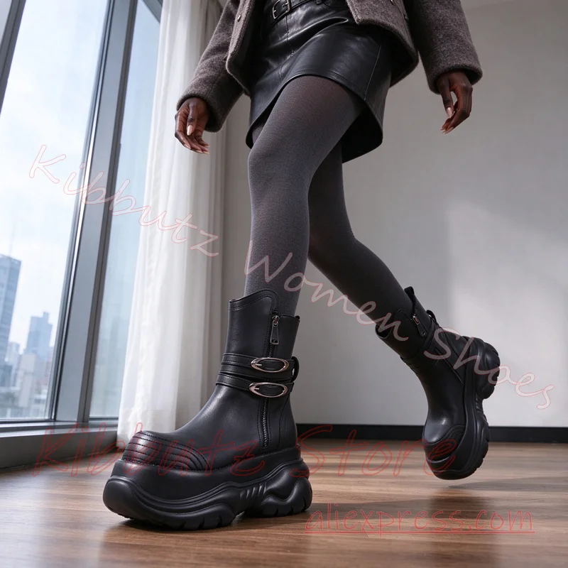 Platform Ankle Boots Women Double Strap Metal Ring Buckle Side Zipper Slouchy Shaft Goth Y2K Streetwear Dark Academia Footwear