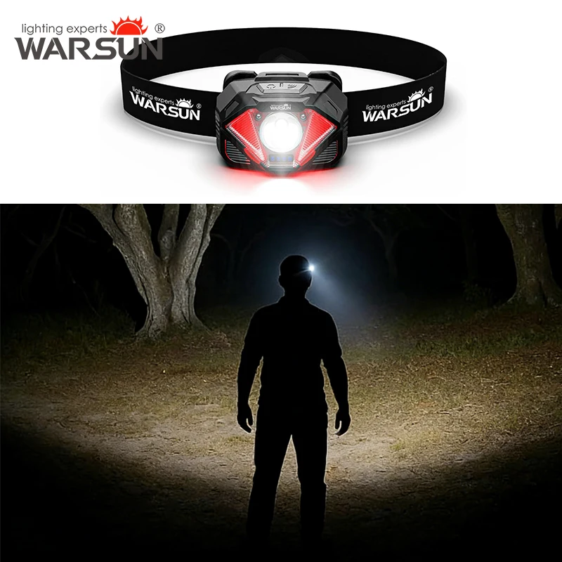 WARSUN WH02 LED Headlamp, Rechargeable Headlamp with Motion Sensor, Ultra-Light Bright Head Light with Dual Power, 5 Modes Red W